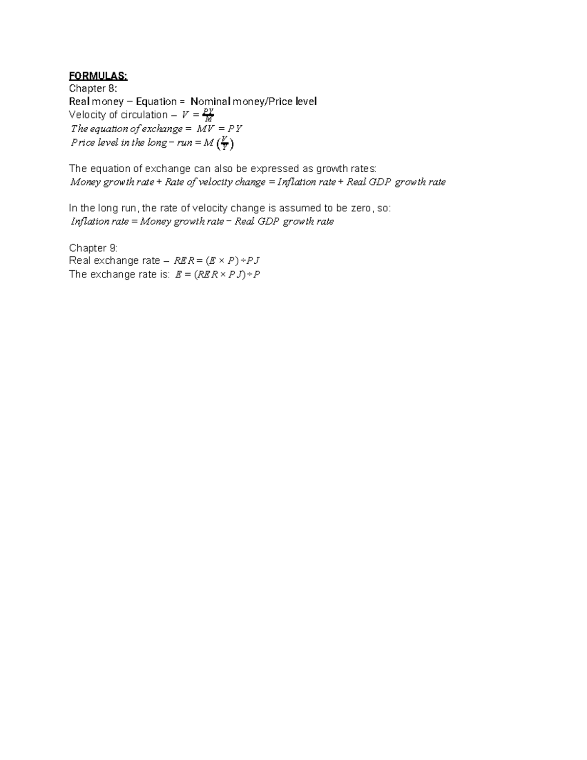 quiz#3 Chapter 8 notes - FORMULAS: Chapter 8: Real money – Equation ...