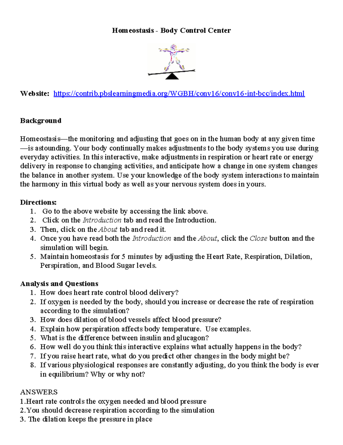 Homeostasis - Body Control Center Interactive Simulation Guide - Studocu