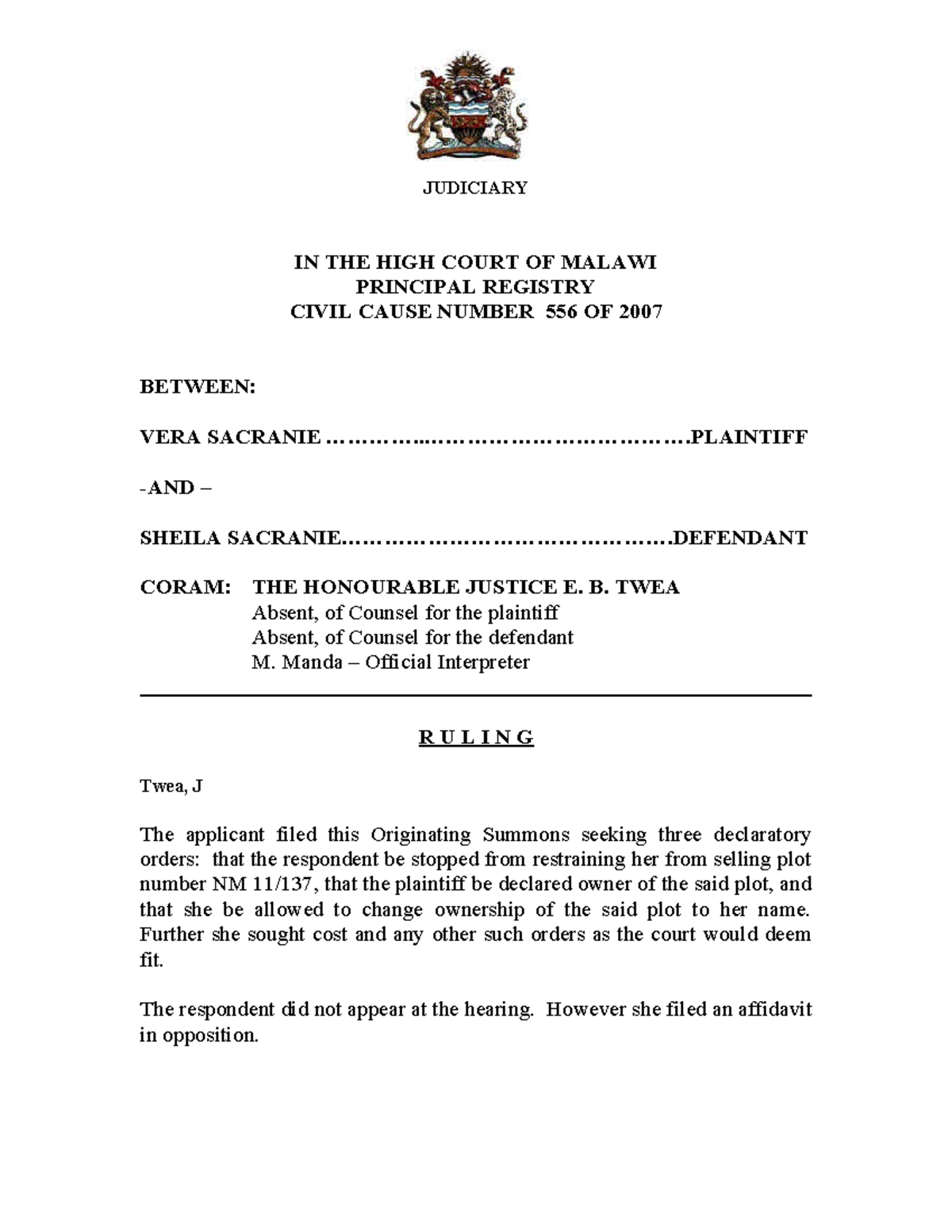 2008-MWHC-139 - Case Ruling on Proprietary Estoppel Dispute - Studocu