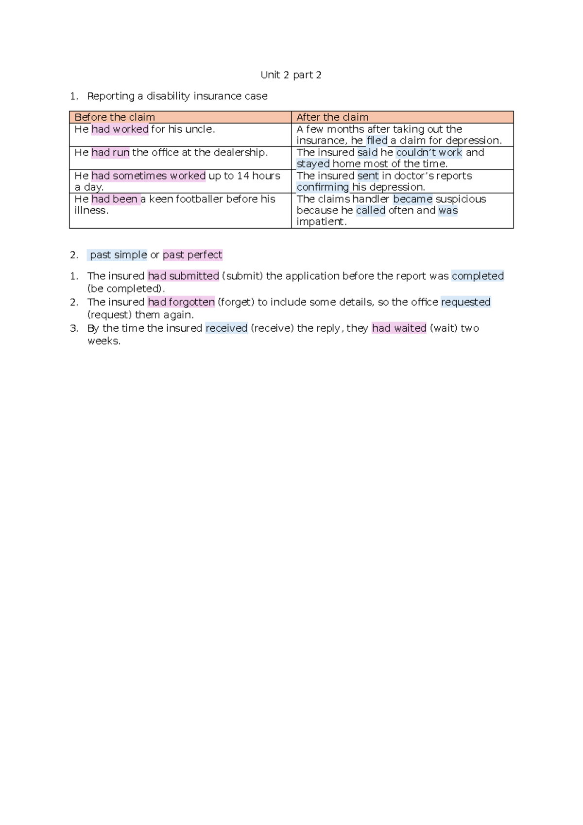 Engels Unit 2.2 - Reporting a Disability Insurance Case - Studocu
