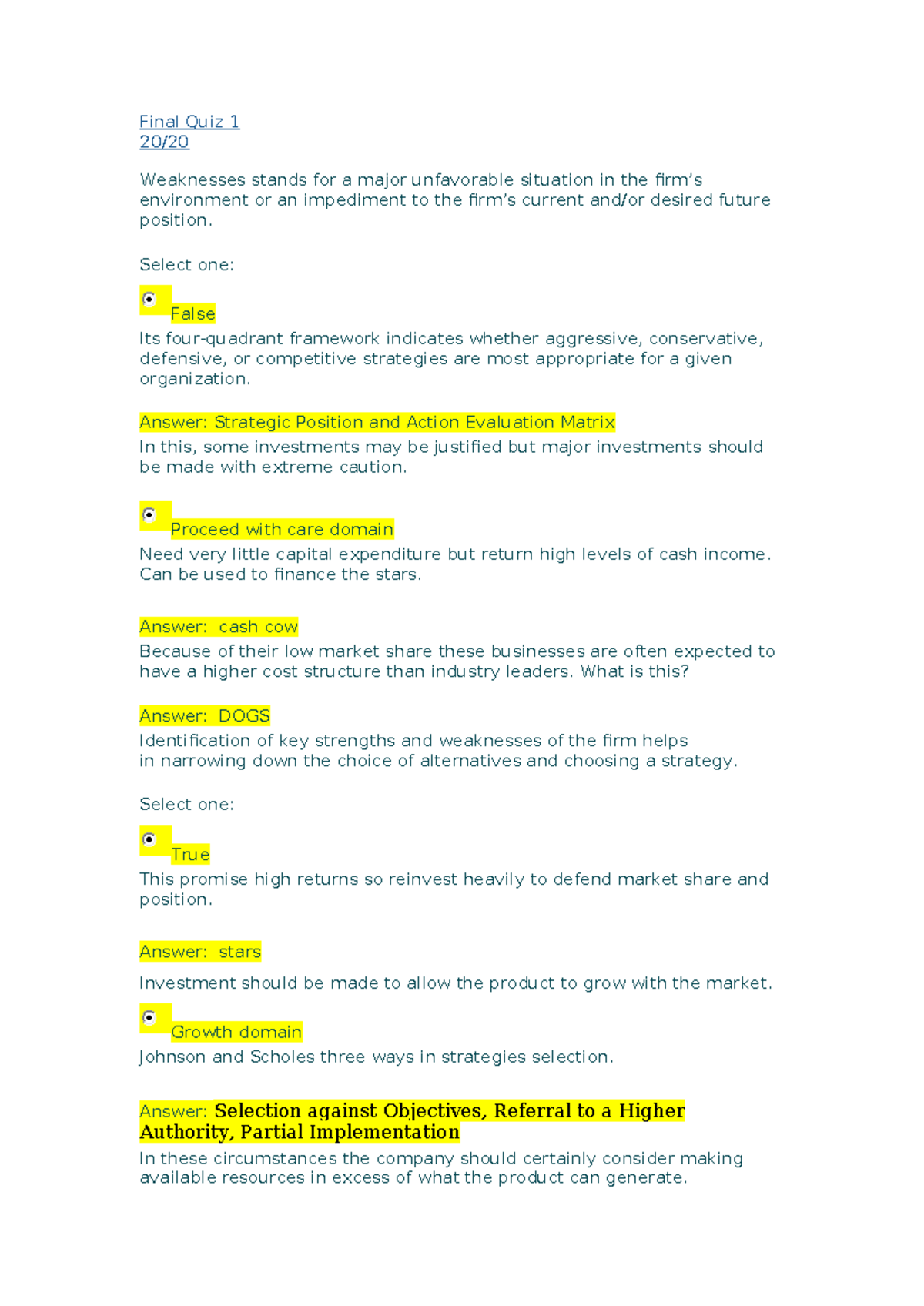 609430448 Strategic Management Final Quiz 1 Review and Answers - Studocu