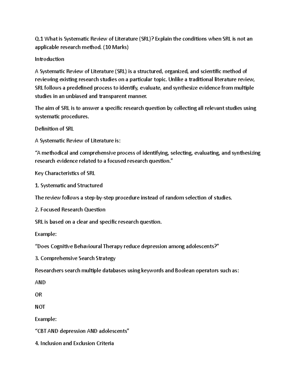 Systematic Review of Literature (SRL) on CBT & Depression: Conditions ...