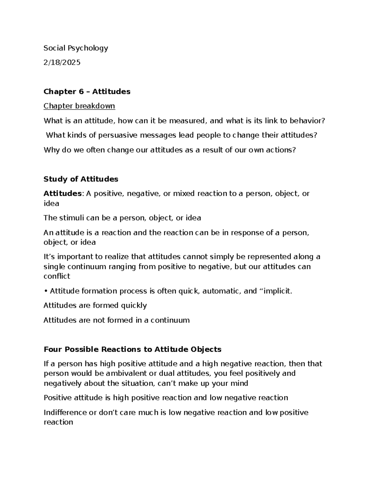 Social Psychology PSY101: Chapter 6 – Attitudes and Persuasion Analysis ...