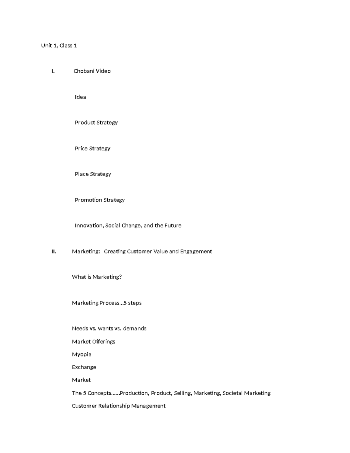 Unit 1, Class 1: Marketing Strategies and Concepts Overview - Studocu