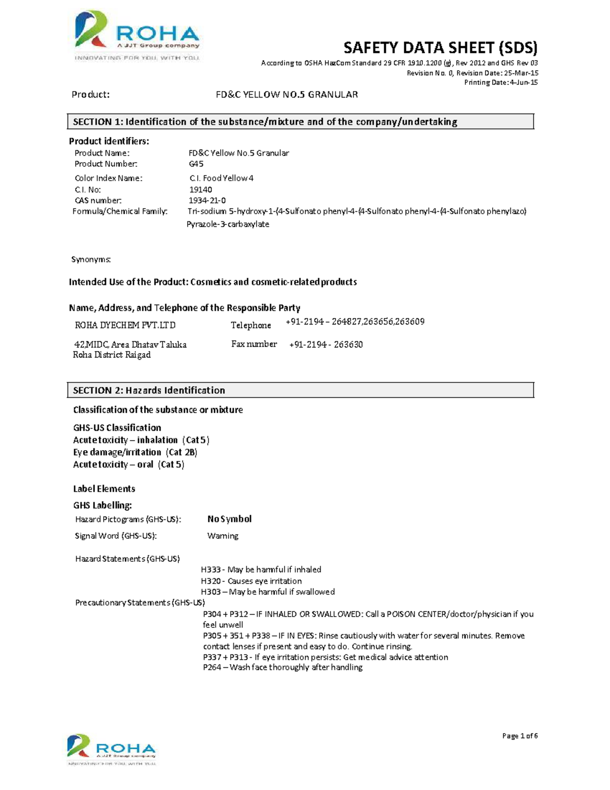 Yellow No. 5 Granular SDS - OSHA HazCom Standard 29 CFR 1910.1200 - Studocu
