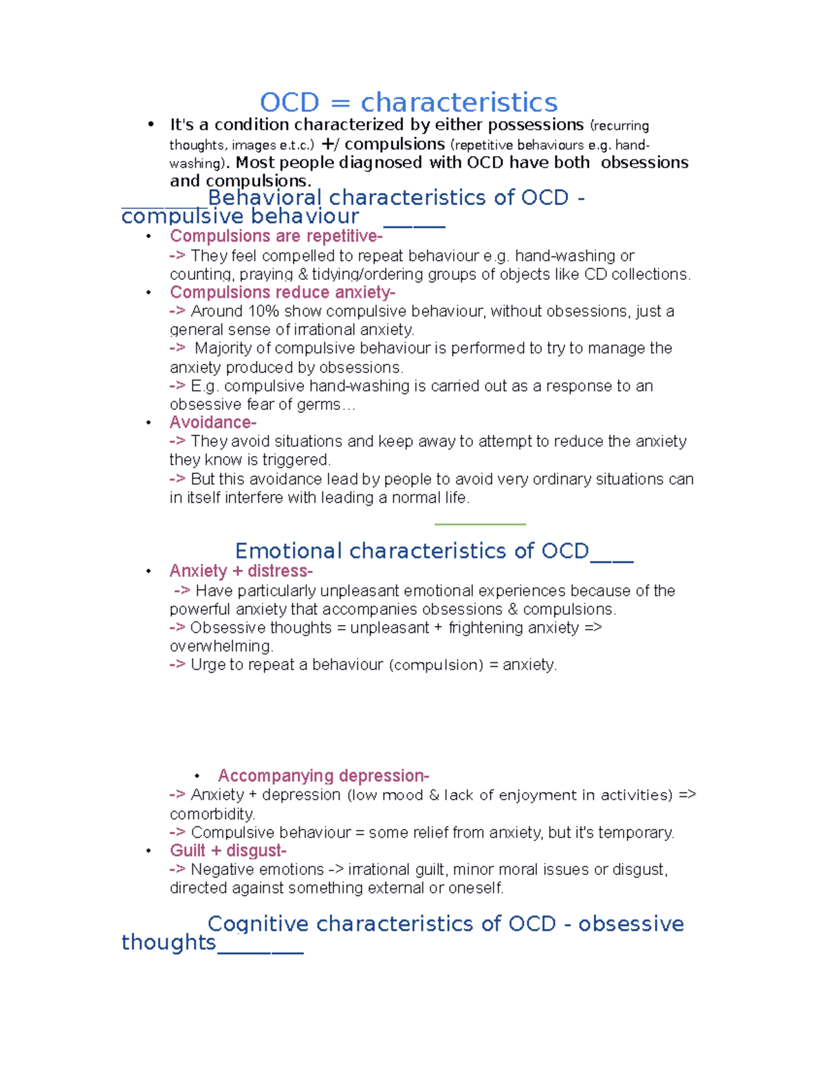 OCD - Notes on OCD summarised - OCD = characteristics • It's a ...