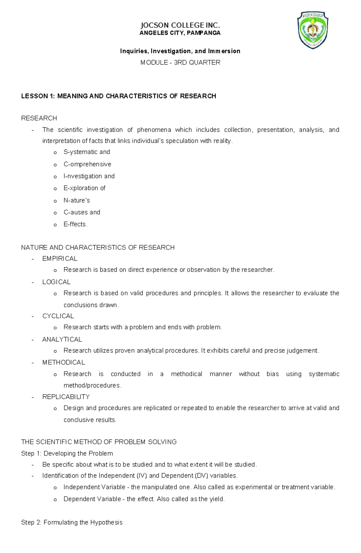 III Module - Research Fundamentals for 3rd Quarter - Studocu