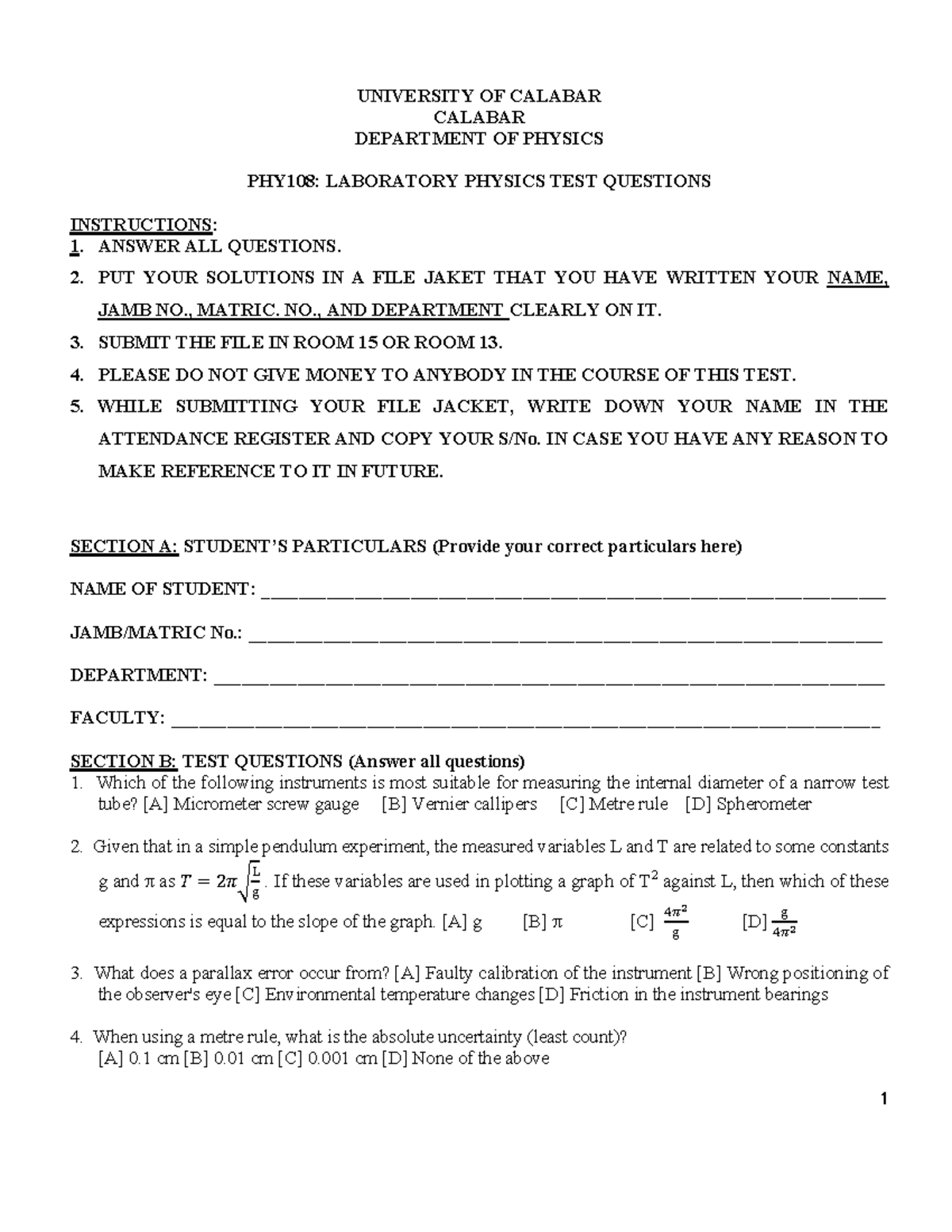 PHY108: Laboratory Physics Test Questions and Instructions - Studocu