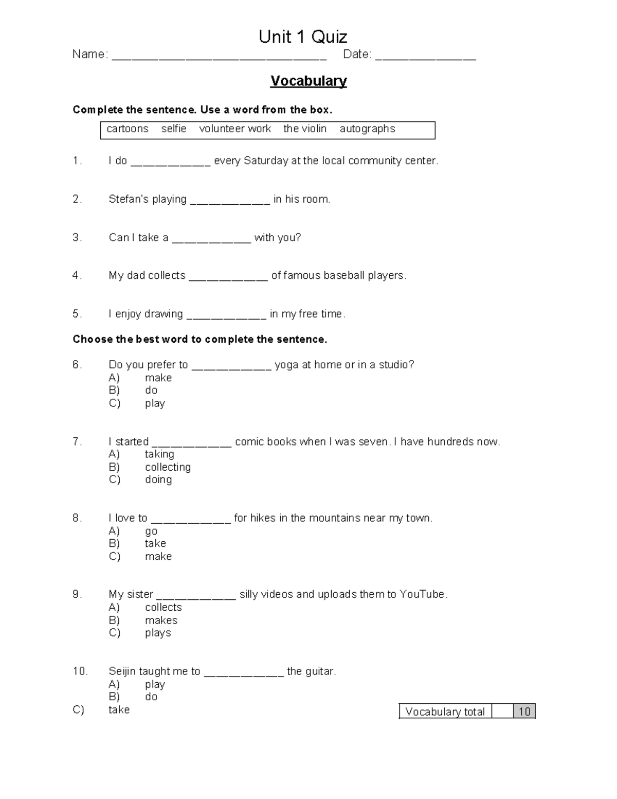 SC3 IE Unit 1 Vocabulary Quiz - Complete the Sentences - Studocu
