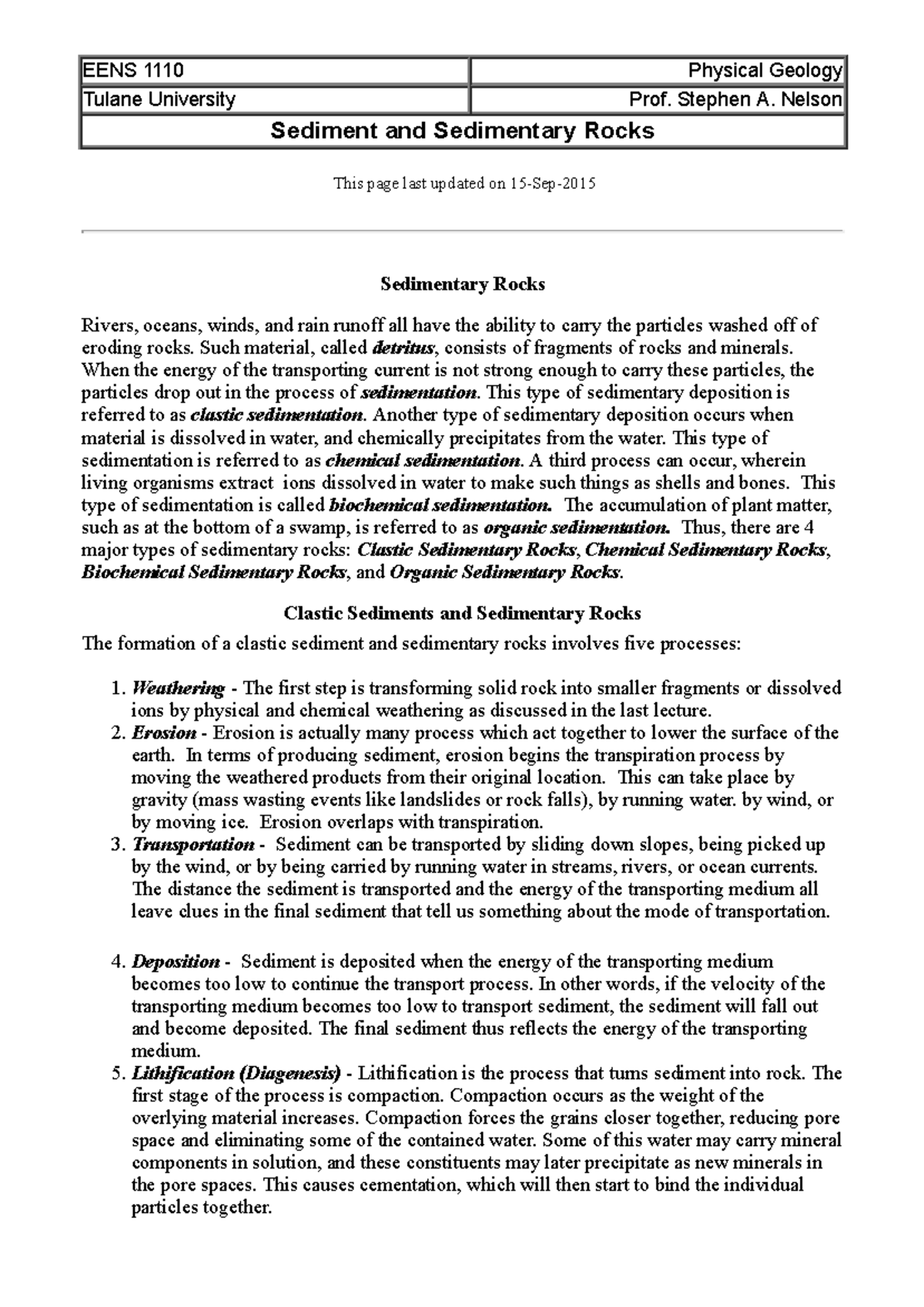 EENS 1110: Sedimentary Rocks - Lecture Notes for Physical Geology - Studocu