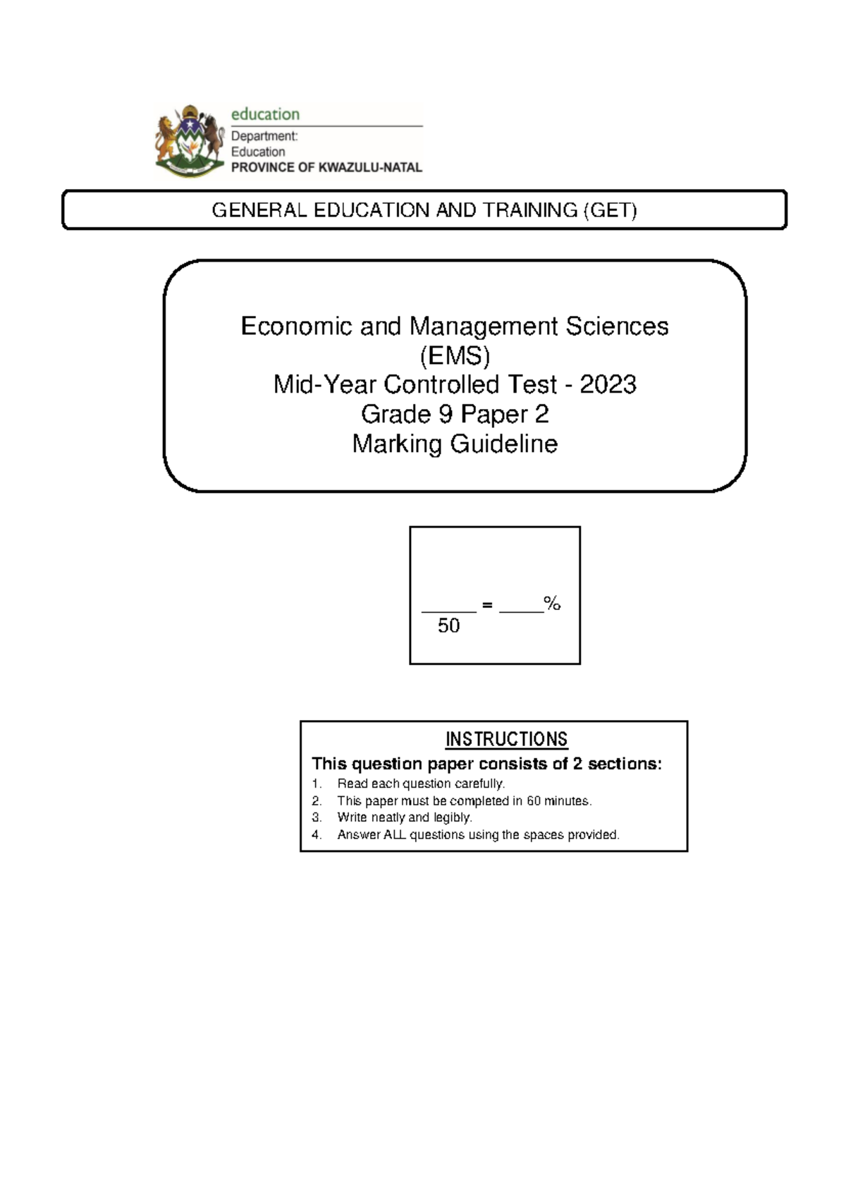 EMS 2023 Grade 9 Mid-Year Controlled Test P2 Marking Guidelines - Studocu