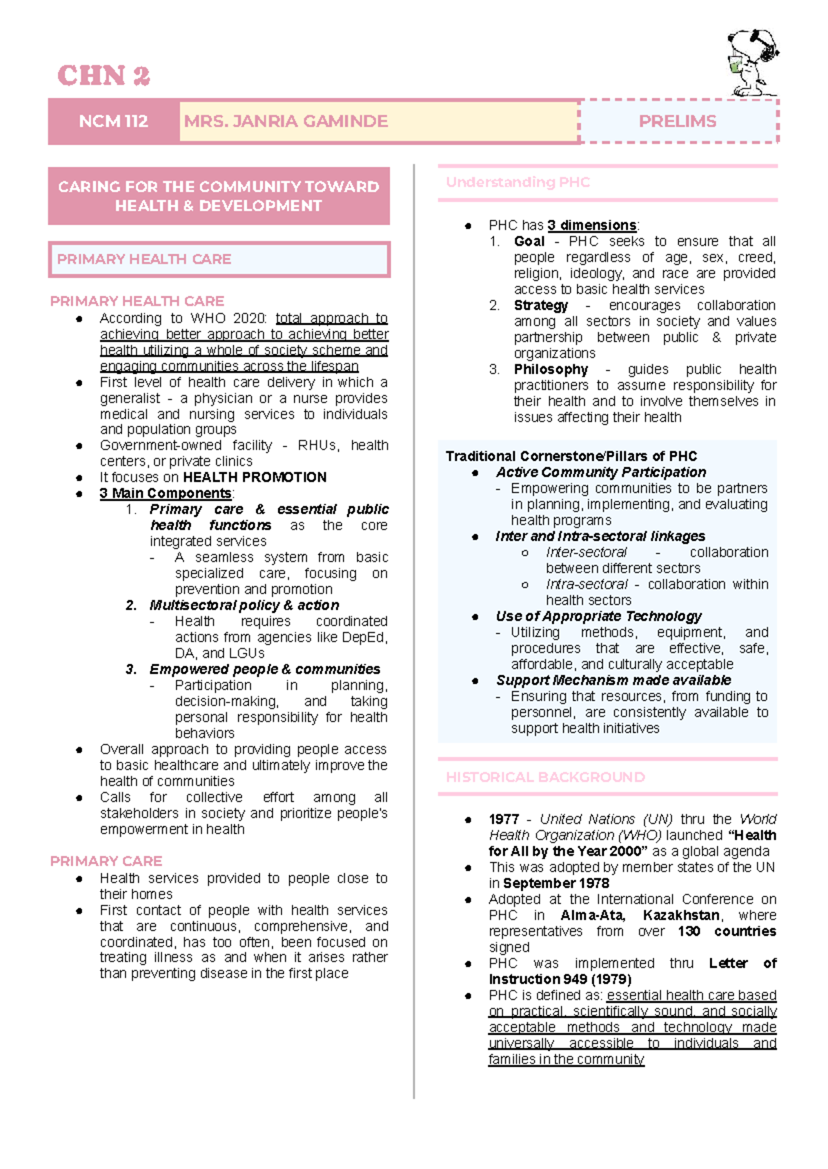CHN 2 NCM 112 Final Exam Notes on Primary Health Care and Community ...