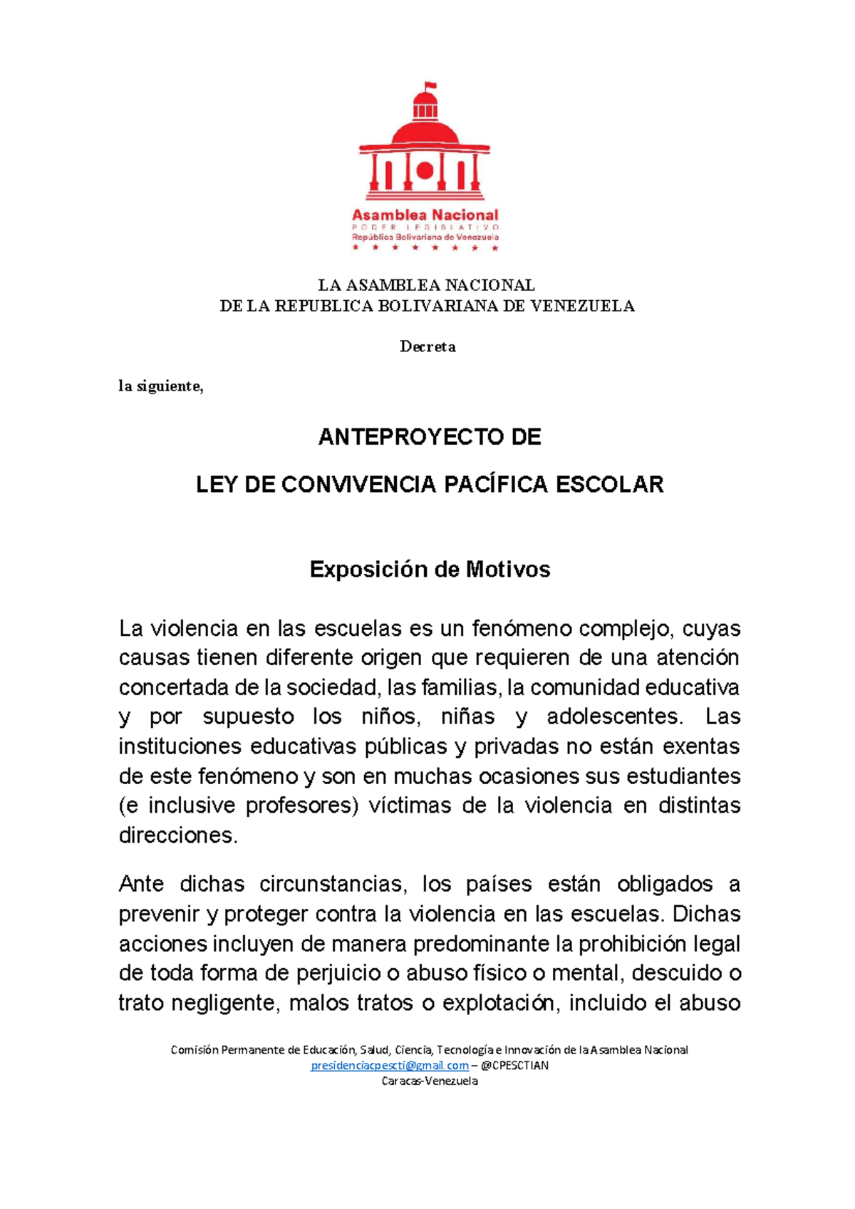 Anteproyecto de Ley de Convivencia Pacífica Escolar 2022 - CPESCTI - Document Preview