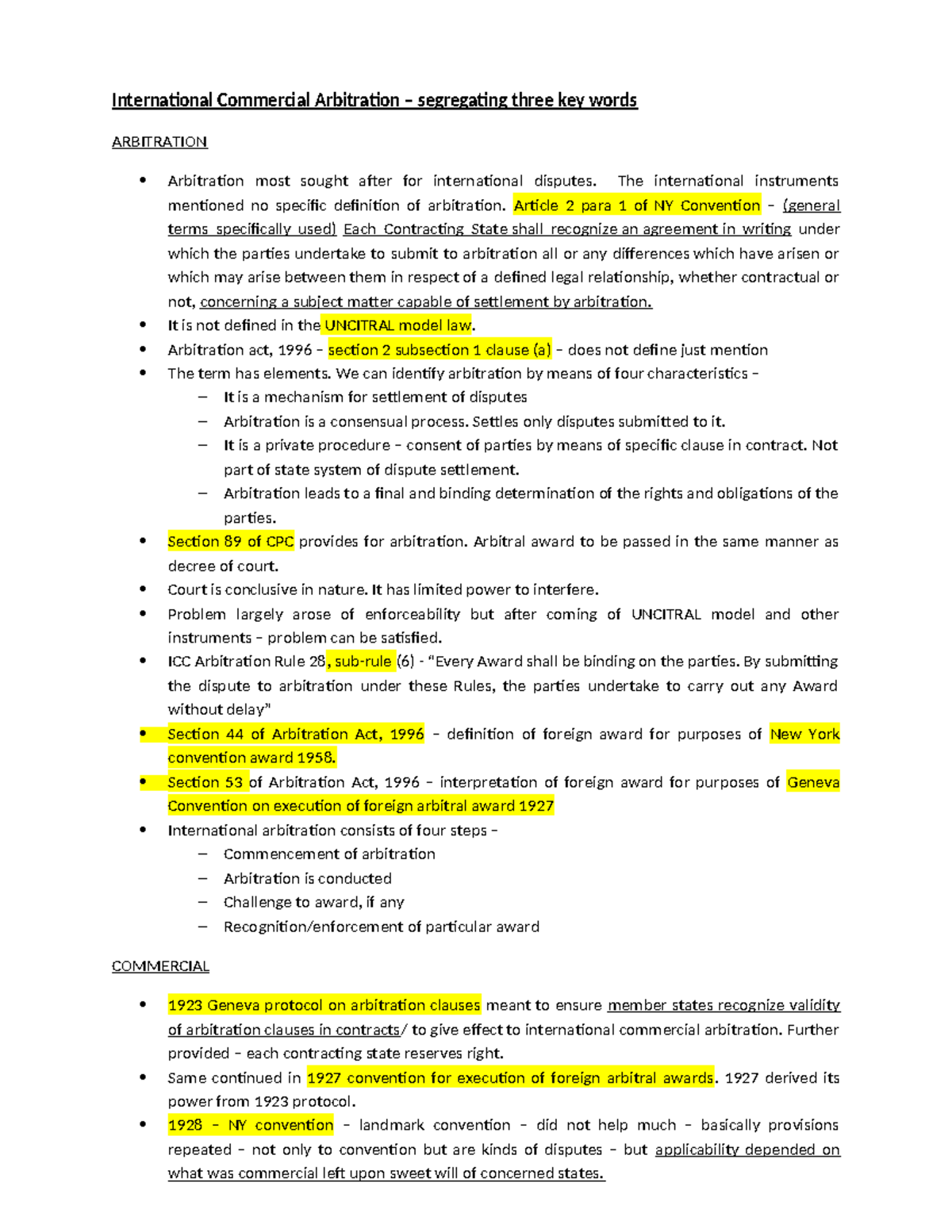 BL Notes - International Commercial Arbitration – segregating three key ...