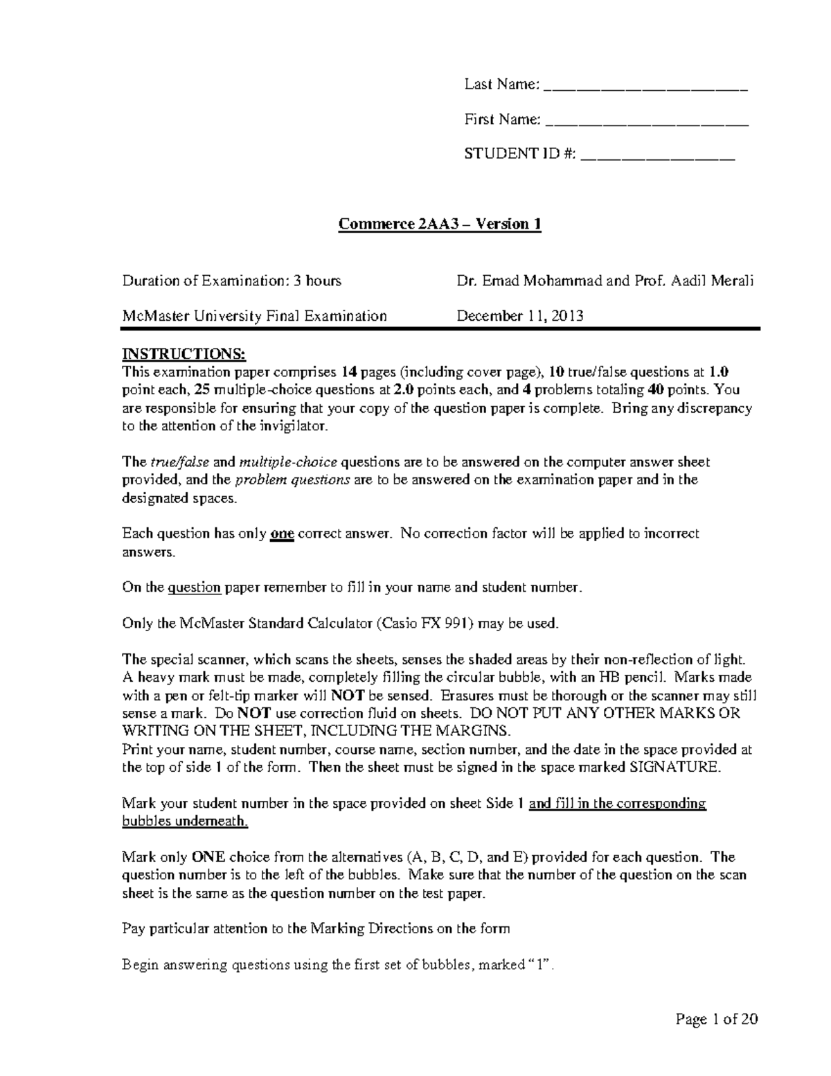 Commerce 2AA3 Final Exam Solutions - December 2013 - Studocu