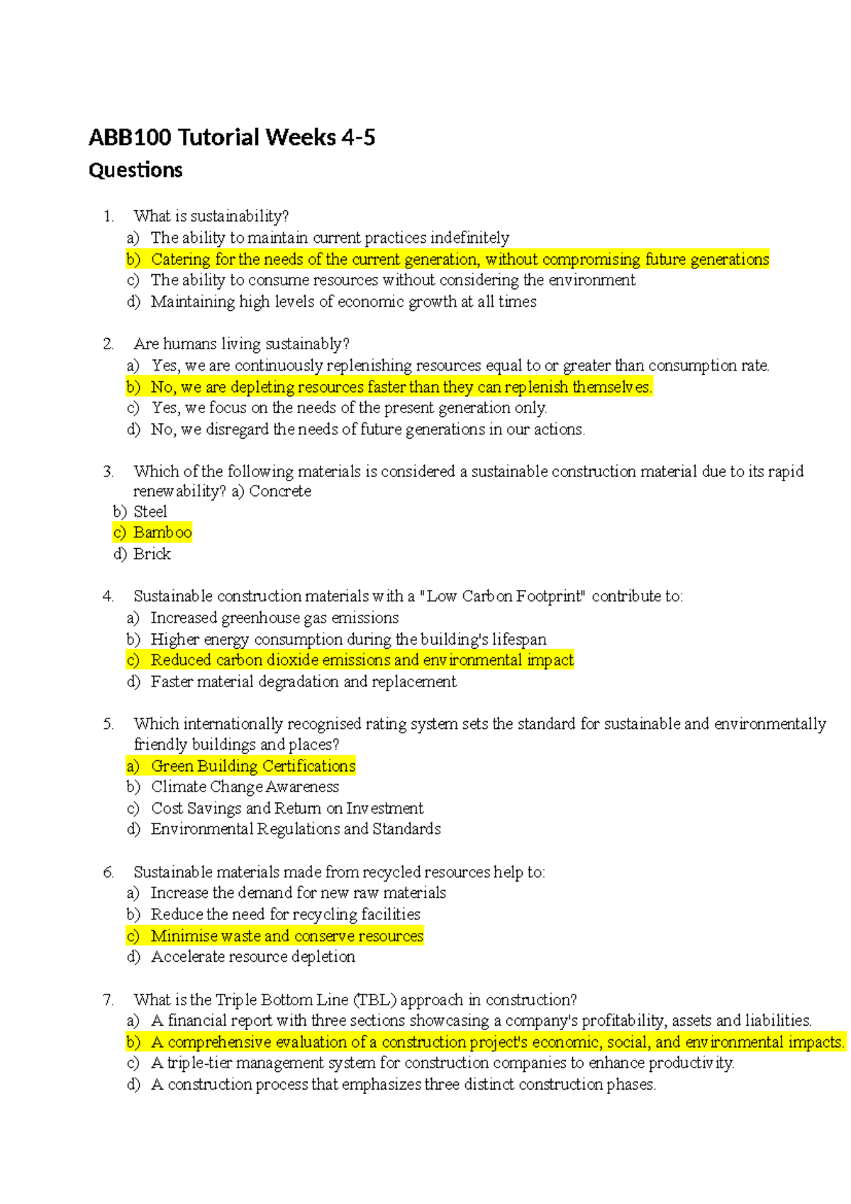 ABB100 Tutorial Week 4-5: Sustainability Questions and Concepts - Studocu
