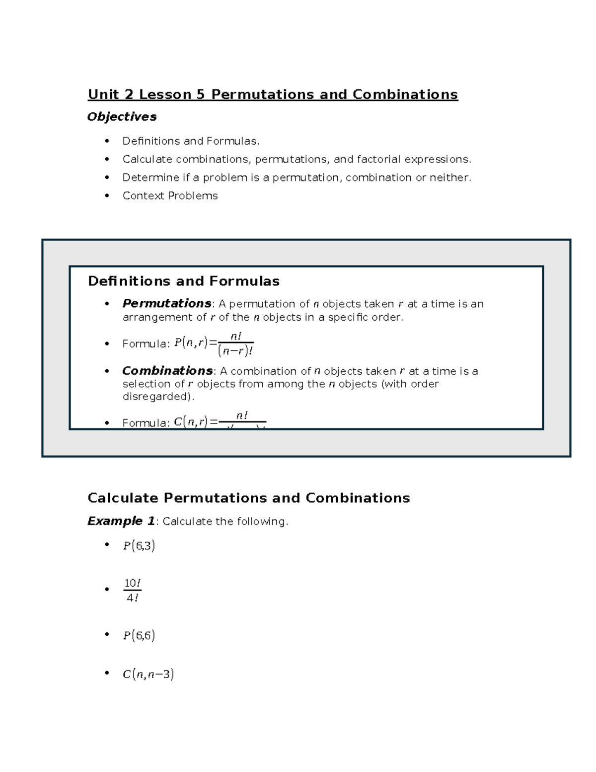 Unit 2 Lesson 5: Permutations & Combinations - Objectives & Formulas ...