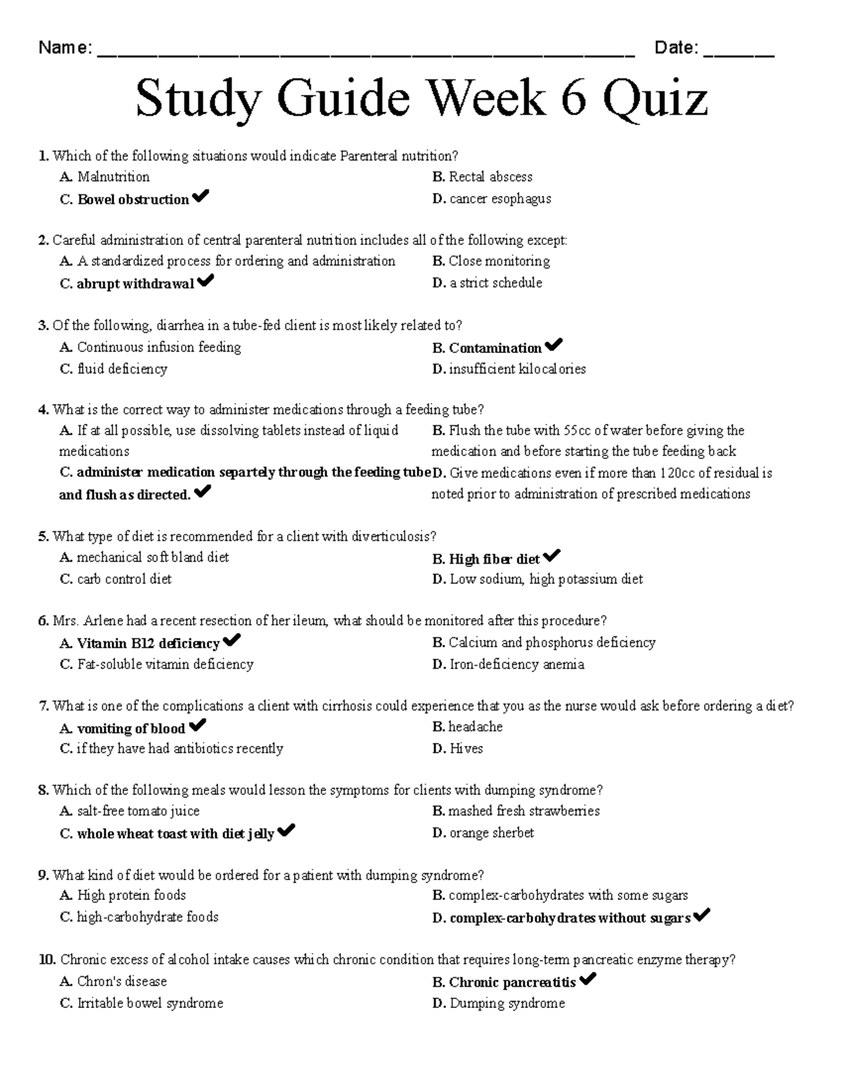 Week 6 Quiz Study Guide: Answers and Key Topics in Nutrition - Studocu