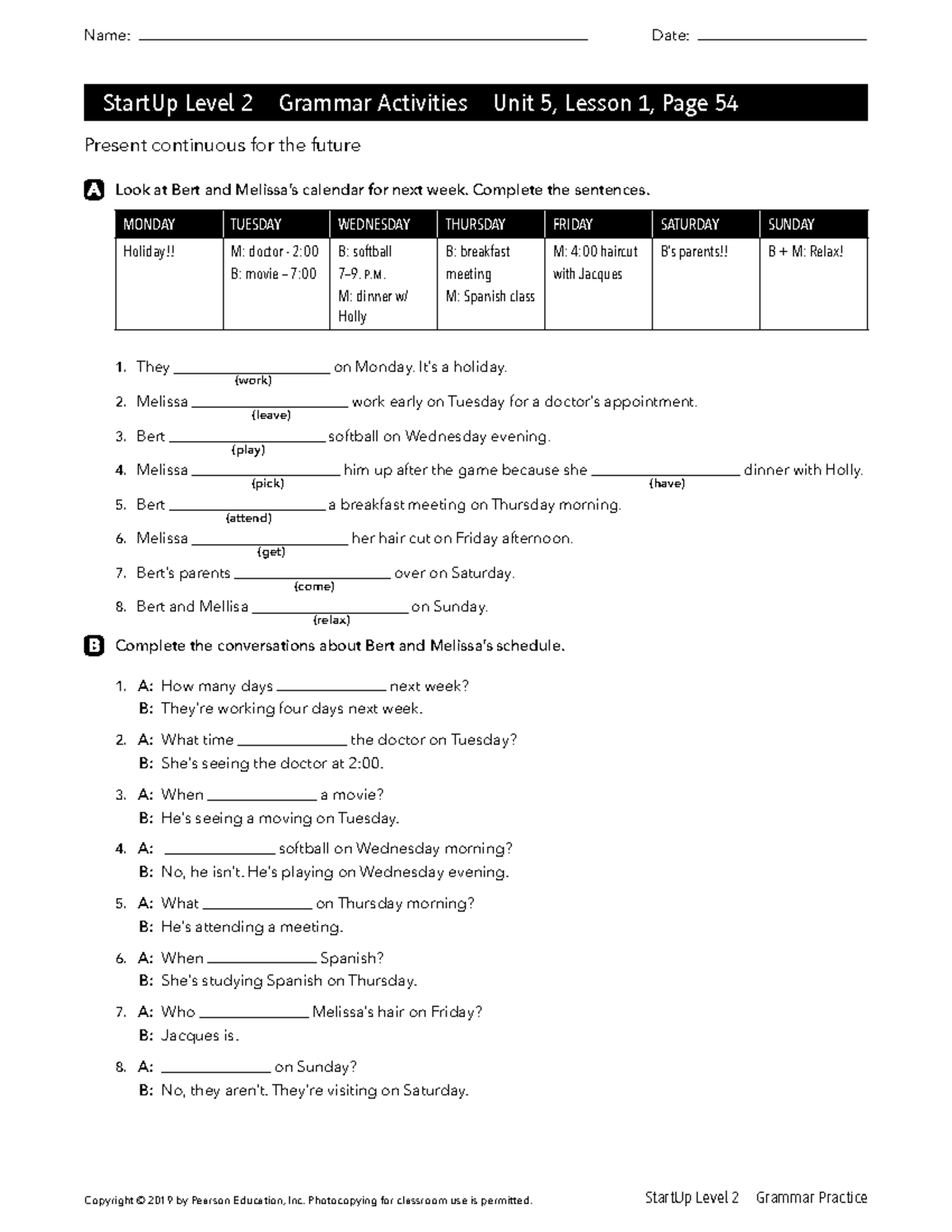 Atarup Level 2 Grammar Activities UNIT 5 Lessons 1 & 2 Pages 54-56 ...