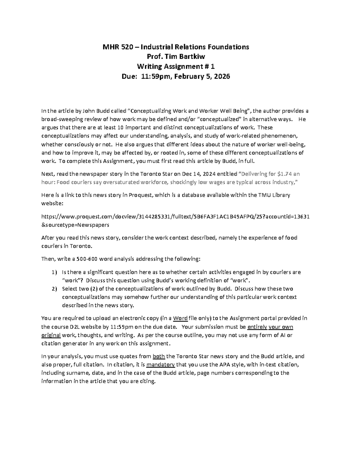 MHR 520 Writing Assignment 1: Analyzing Work Conceptualizations - Studocu