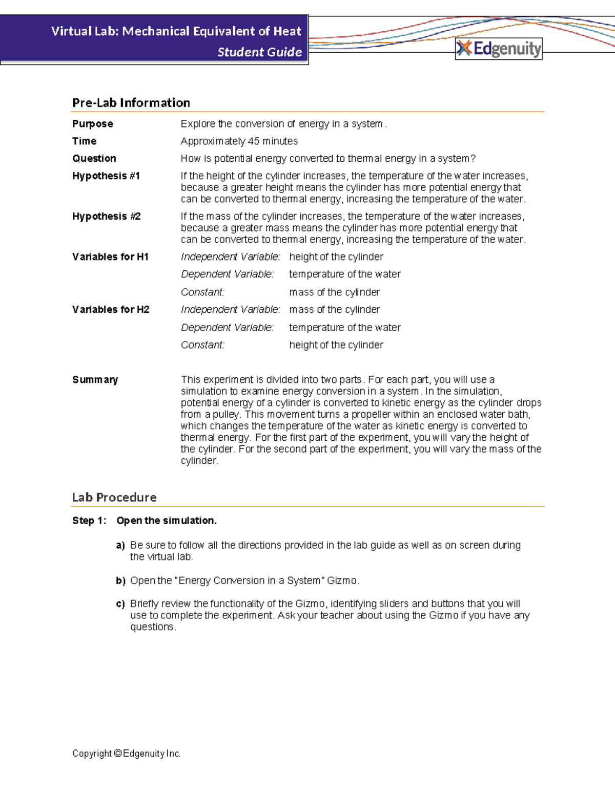 8301 06 03 Virtual Lab: Mechanical Equivalent of Heat Student Guide ...