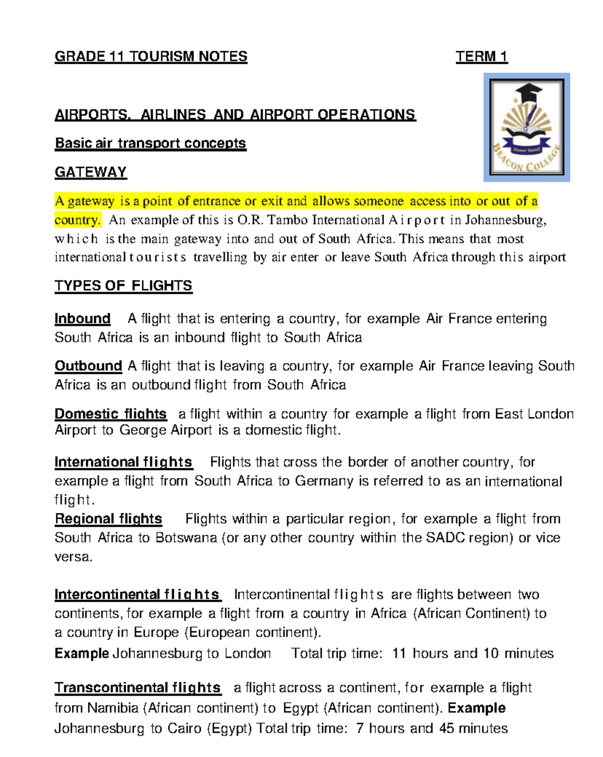 GRADE 11 TOURISM NOTES TERM 1: AIRPORTS & AIRLINE OPERATIONS - Studocu