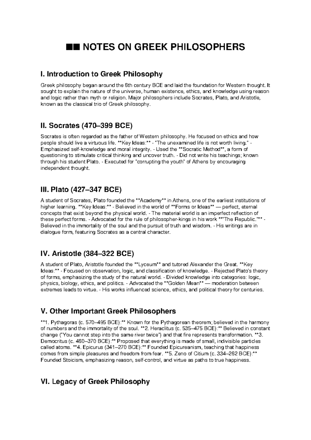 Greek Philosophers Notes: An Overview of Classical Thinkers - Studocu