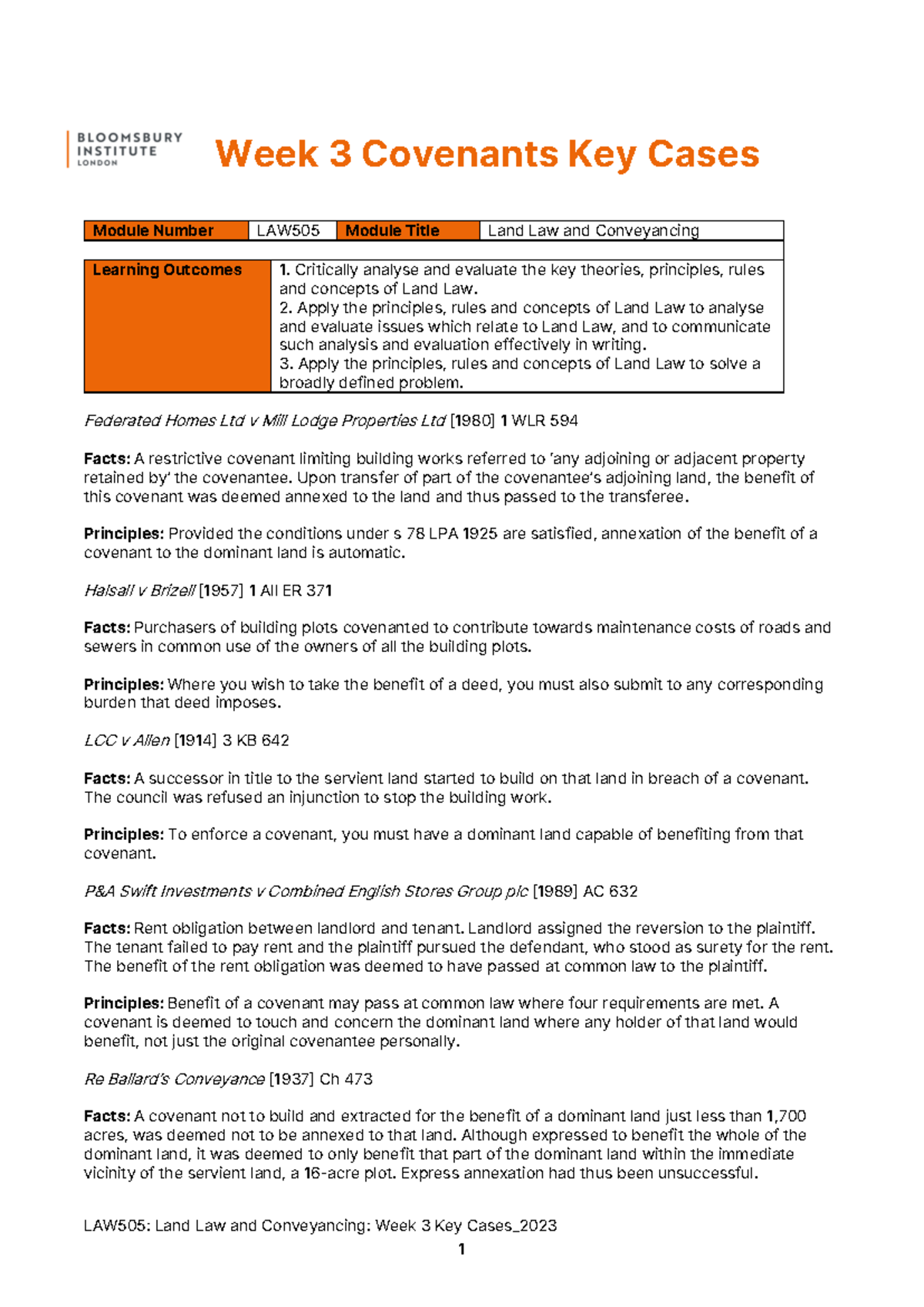 LAW505 Week 3 Key Cases on Covenants in Land Law and Conveyancing - Studocu