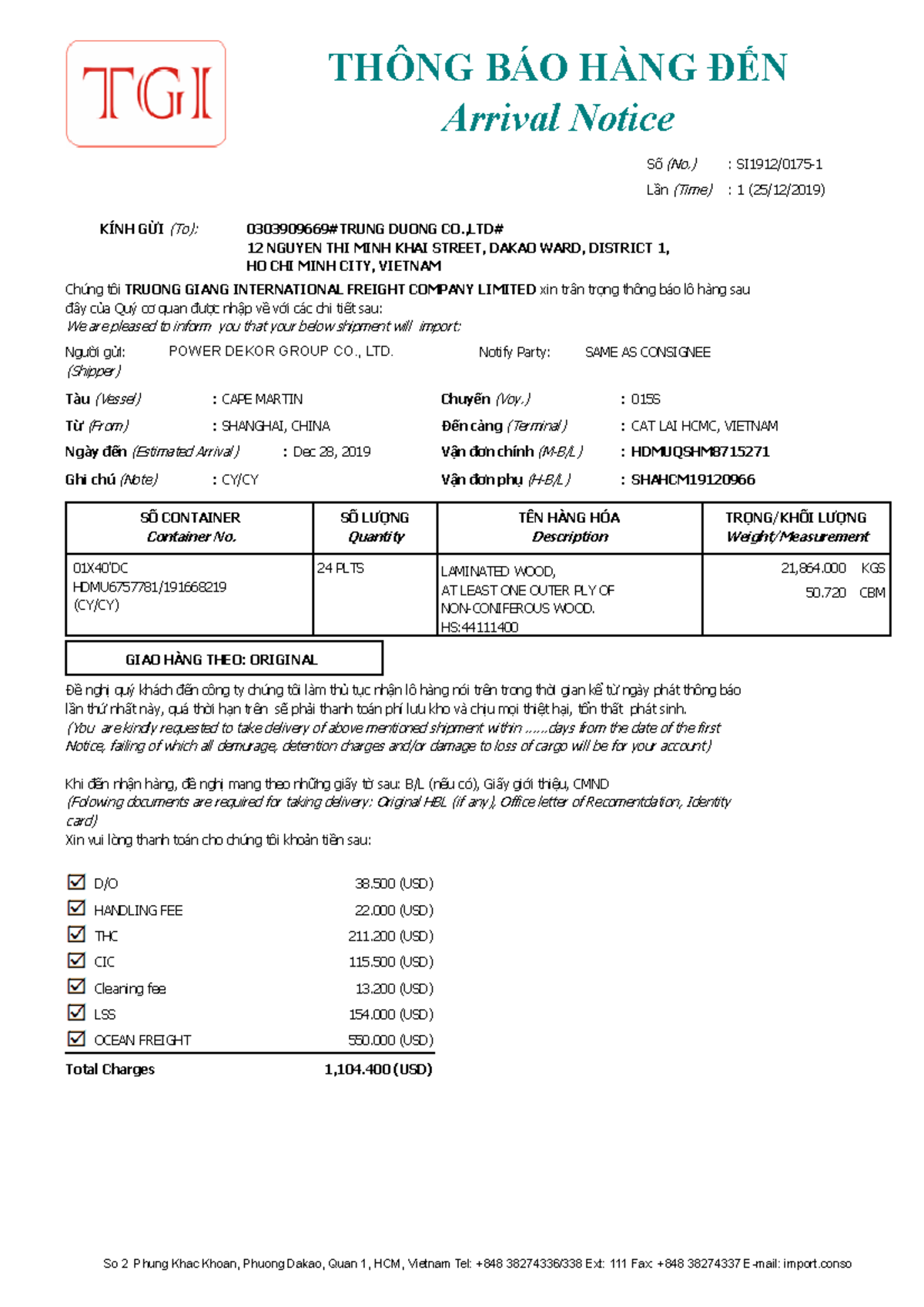 Arrival notice - THÔNG BÁO HÀNG ĐẾN Arrival Notice Số (No.) : KÍNH GỬI ...