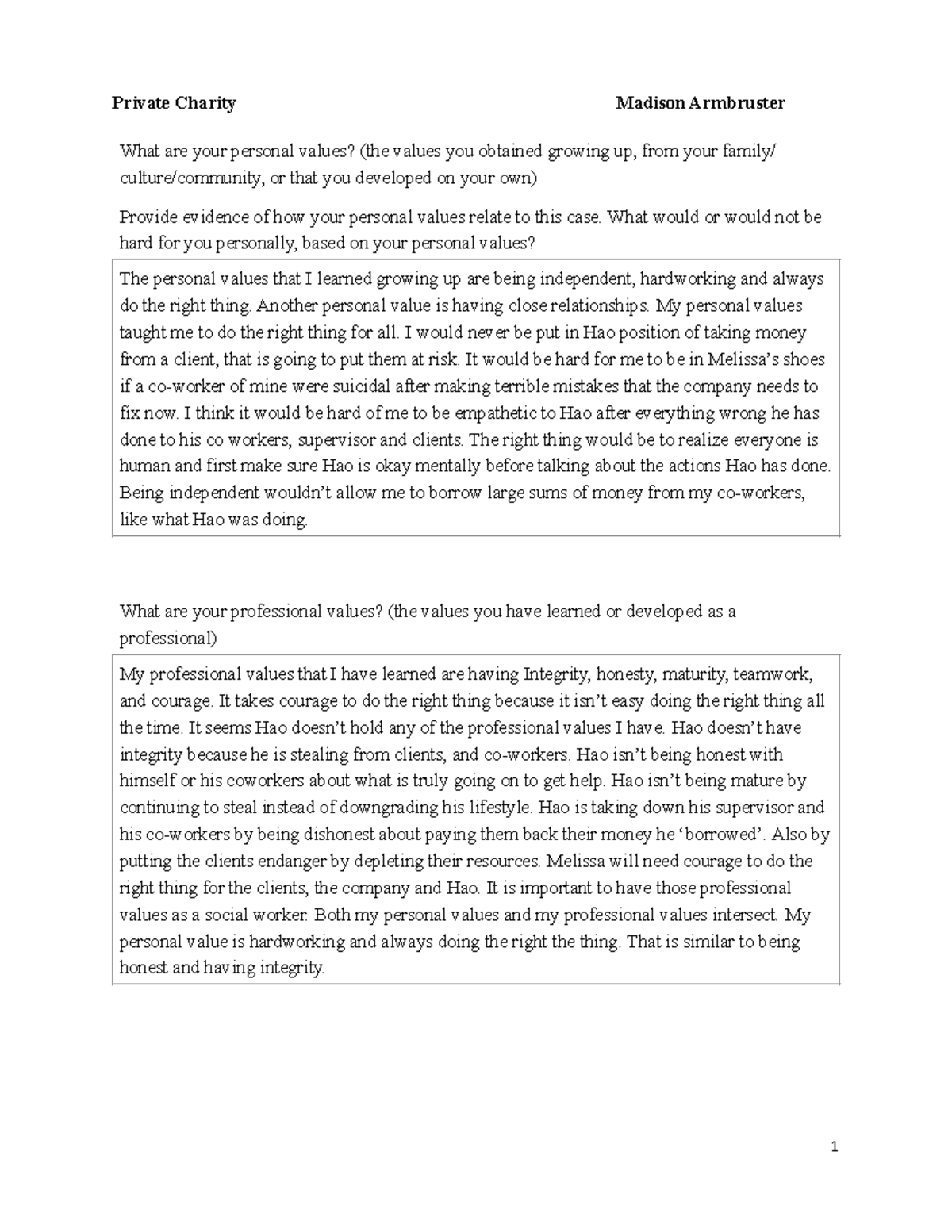 Private Charity Case Study: Personal & Professional Values Analysis ...
