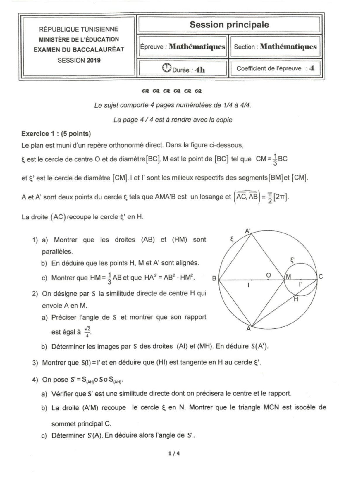 Bac 2019 bac math - RÉPUBLIQUE TUNISIENNE Session principale MINISTÈRE ...