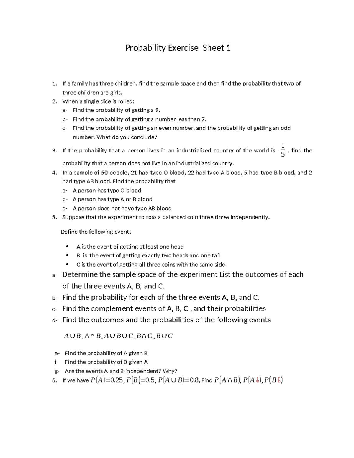 Probability Exercise Sheet 1 (Prob Ex1) - Solutions and Analysis - Studocu