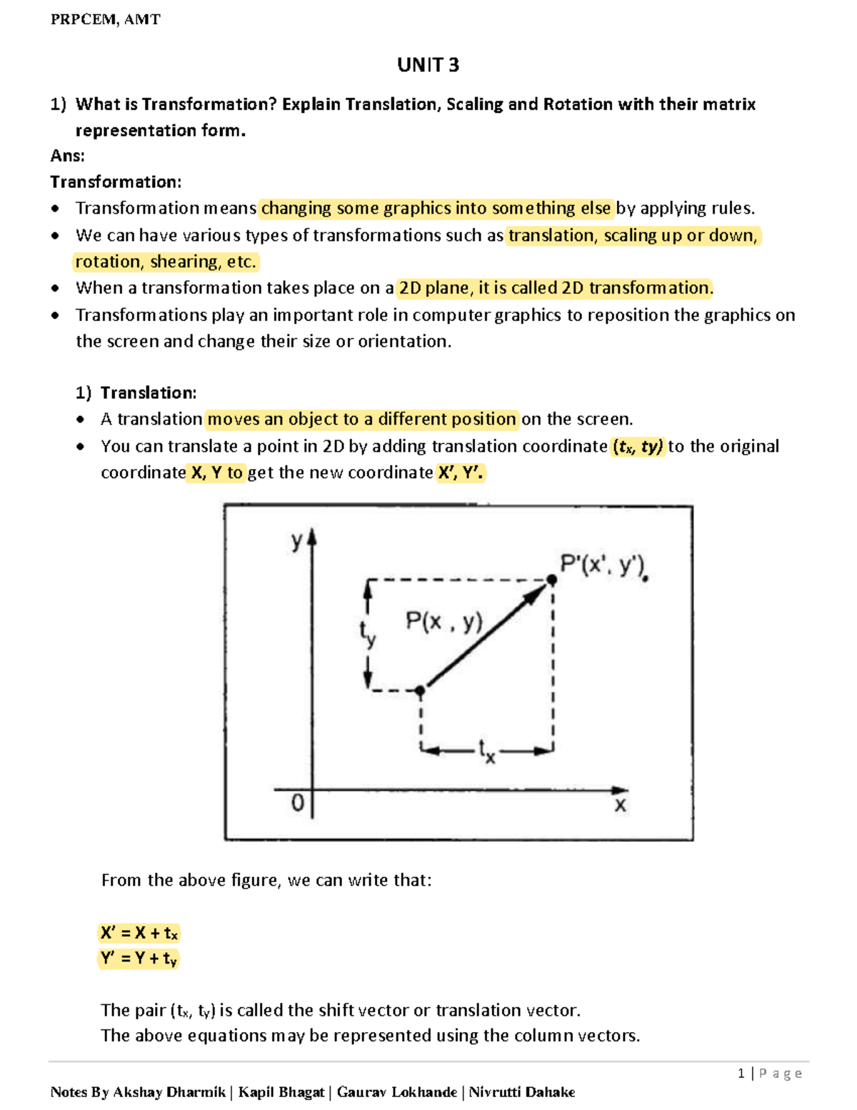 CG UNIT 3 - Notes on Transformations and Matrix Representations - Studocu