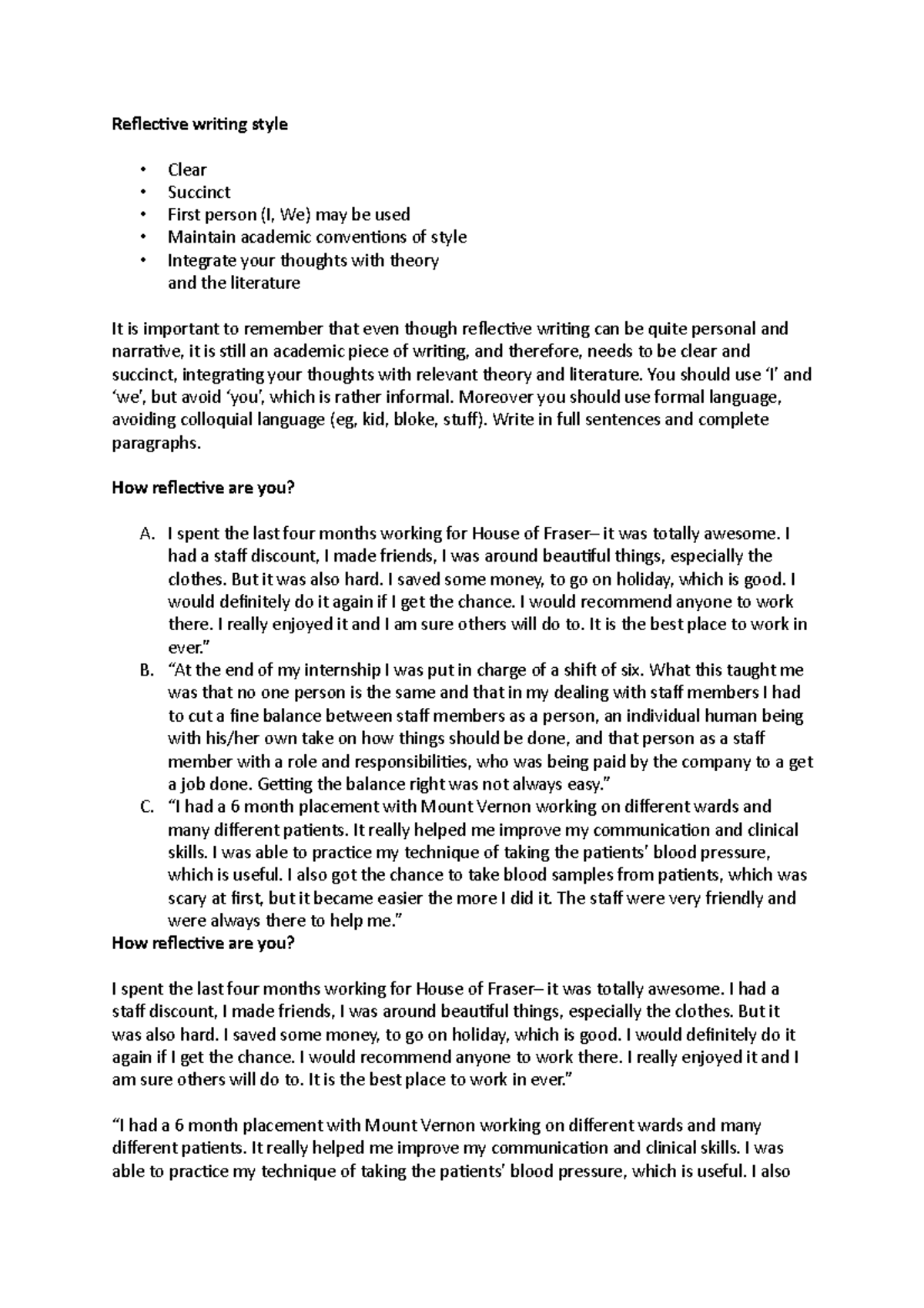 Reflective writing style - Reflective writing style Clear Succinct ...