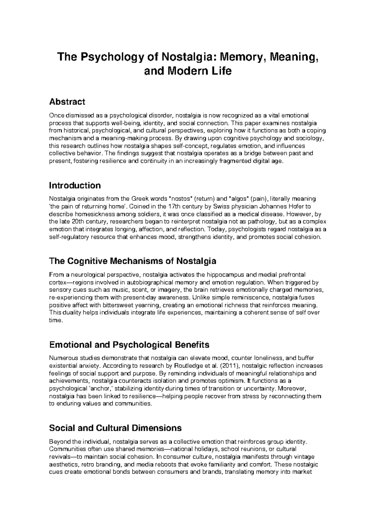 PSY 301: The Psychology of Nostalgia - Memory and Identity Insights ...
