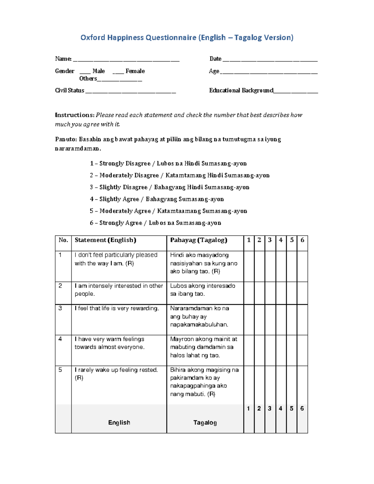 Oxford Happiness Questionnaire: English-Tagalog Version - Studocu