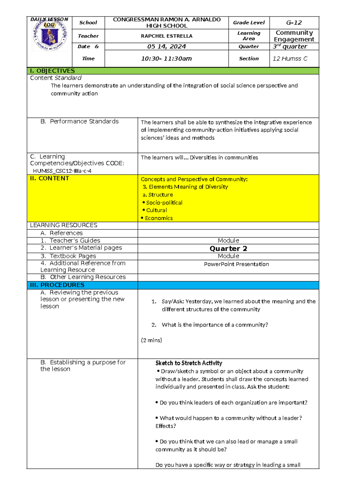 Community Engagement Lesson Plan: Module 8 C.O 3rd Quarter - Studocu