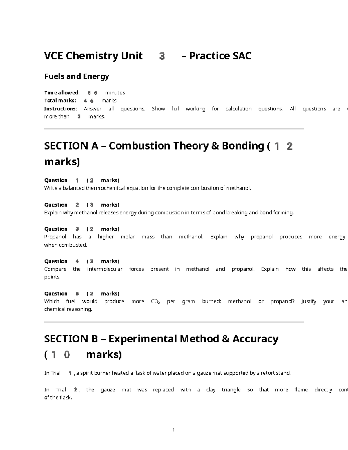 VCE Unit 3 Chemistry Practice SAC: Fuels and Energy Analysis - Studocu