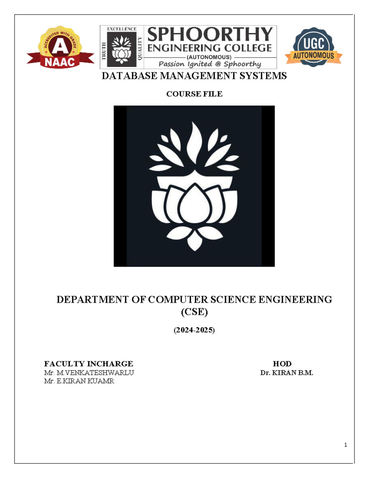 DATABASE MANAGEMENT SYSTEMS COURSE FILE (S23CS404PC) - Studocu