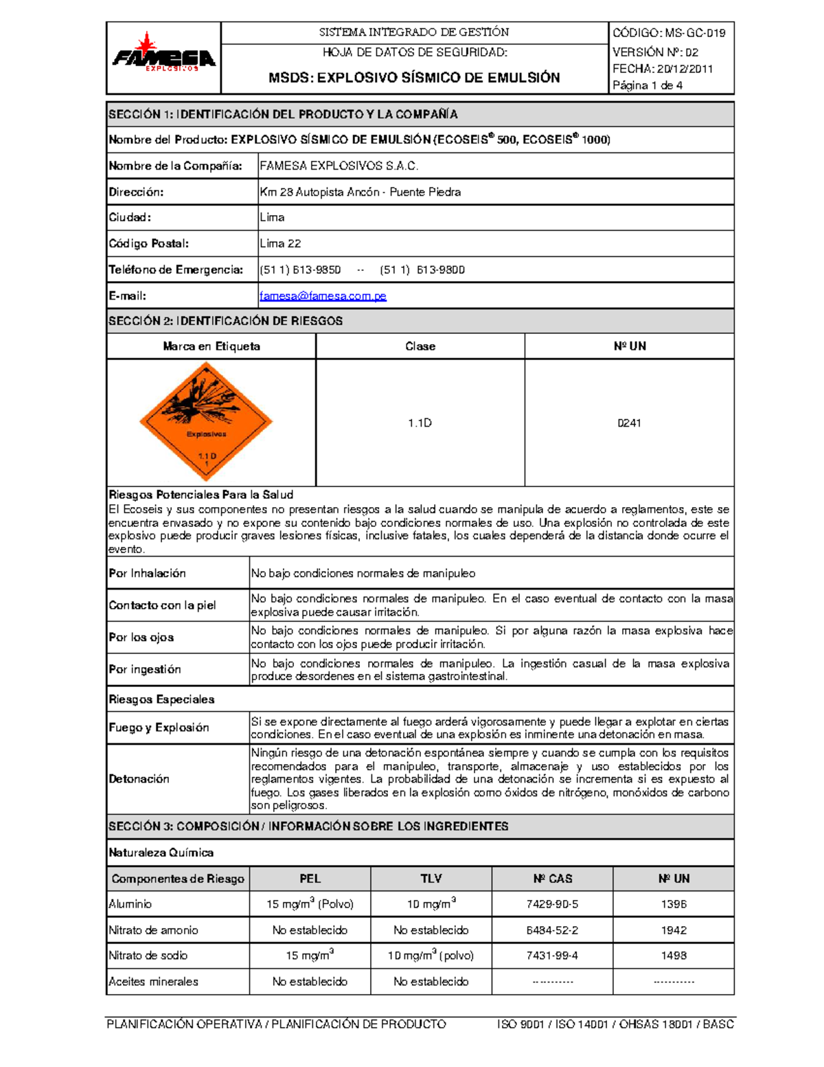 HOJA DE DATOS DE SEGURIDAD MSDS: EXPLOSIVO SÍSMICO DE EMULSIÓN - Studocu