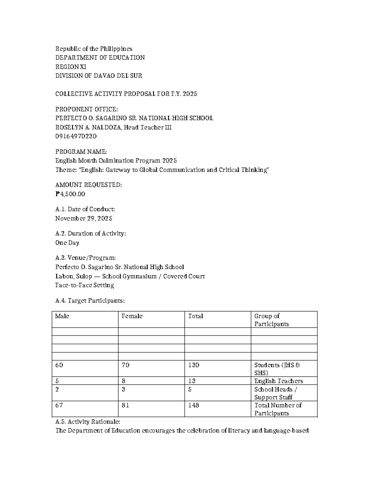 English Month Culmination Program Proposal 2025 - Perfecto O. Sagarino ...