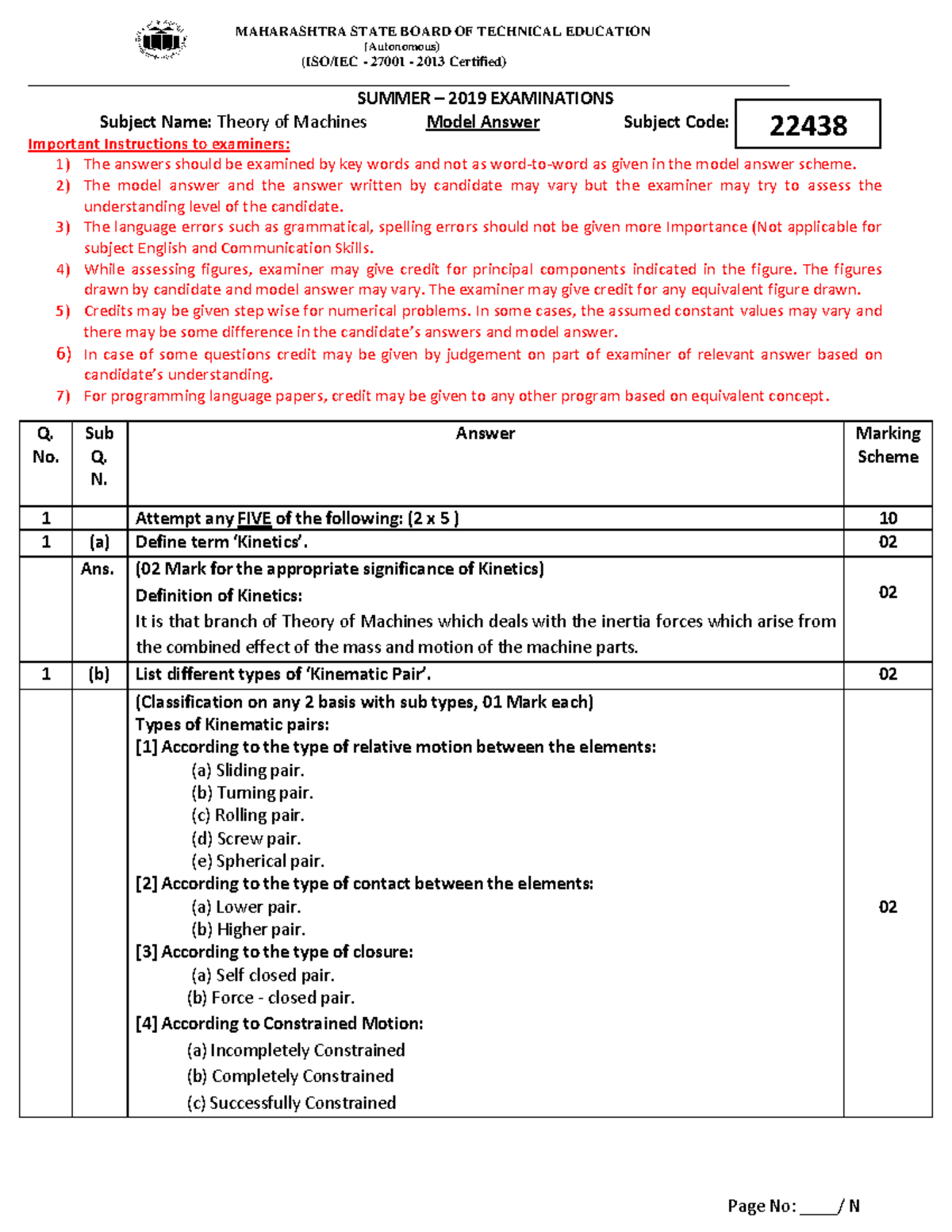 22438 Model Answers for Theory of Machines - Summer 2019 Exam - Studocu