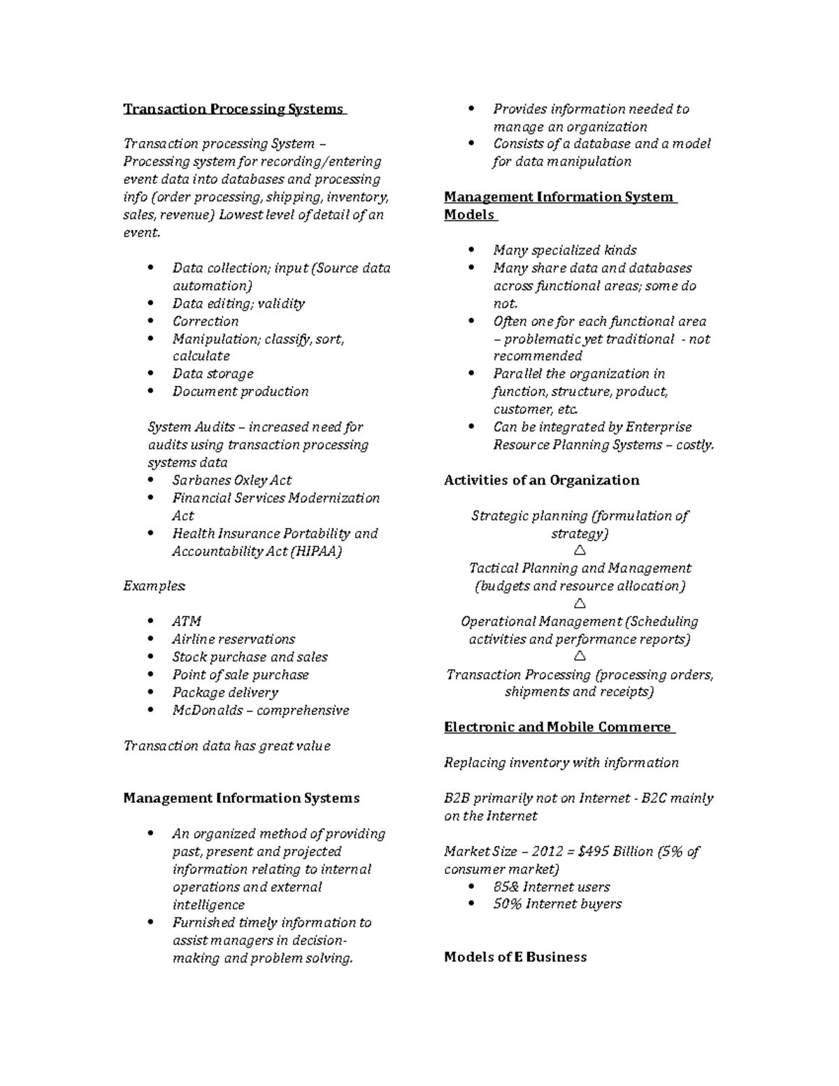 MIS 101: Notes on Transaction Processing & E-Business Systems - Studocu