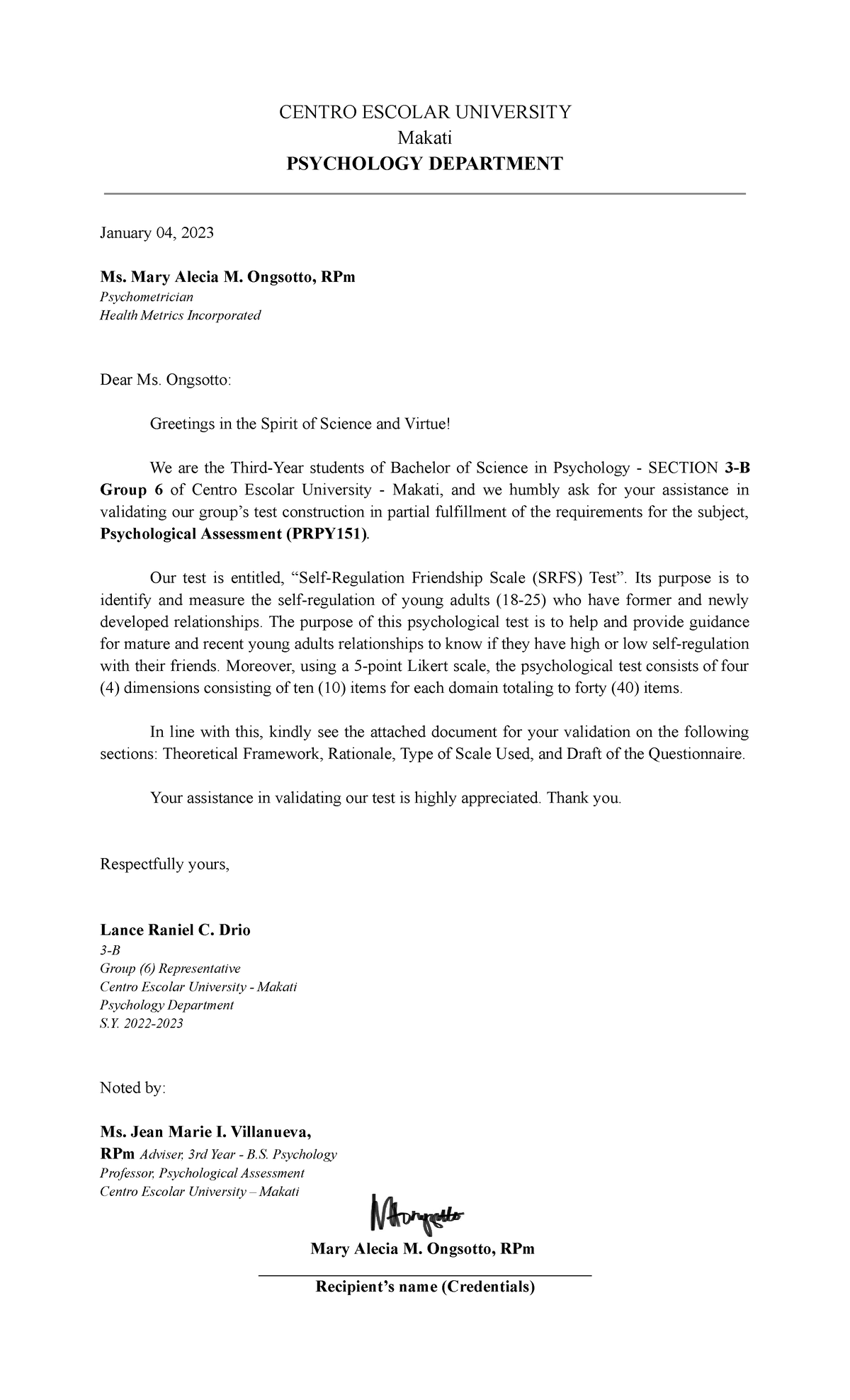 Validation Letter Ongsotto RPm - CENTRO ESCOLAR UNIVERSITY Makati ...