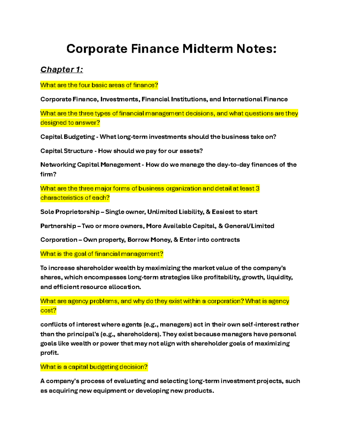 Corporate Finance (FIN 101) Midterm Notes: Key Concepts & Formulas ...