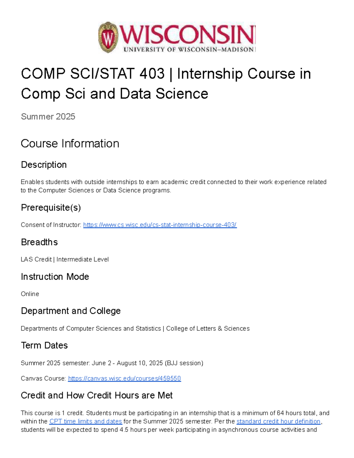 Summer 2025 COMP 403 Internship Course Syllabus in Comp Sci & Data ...
