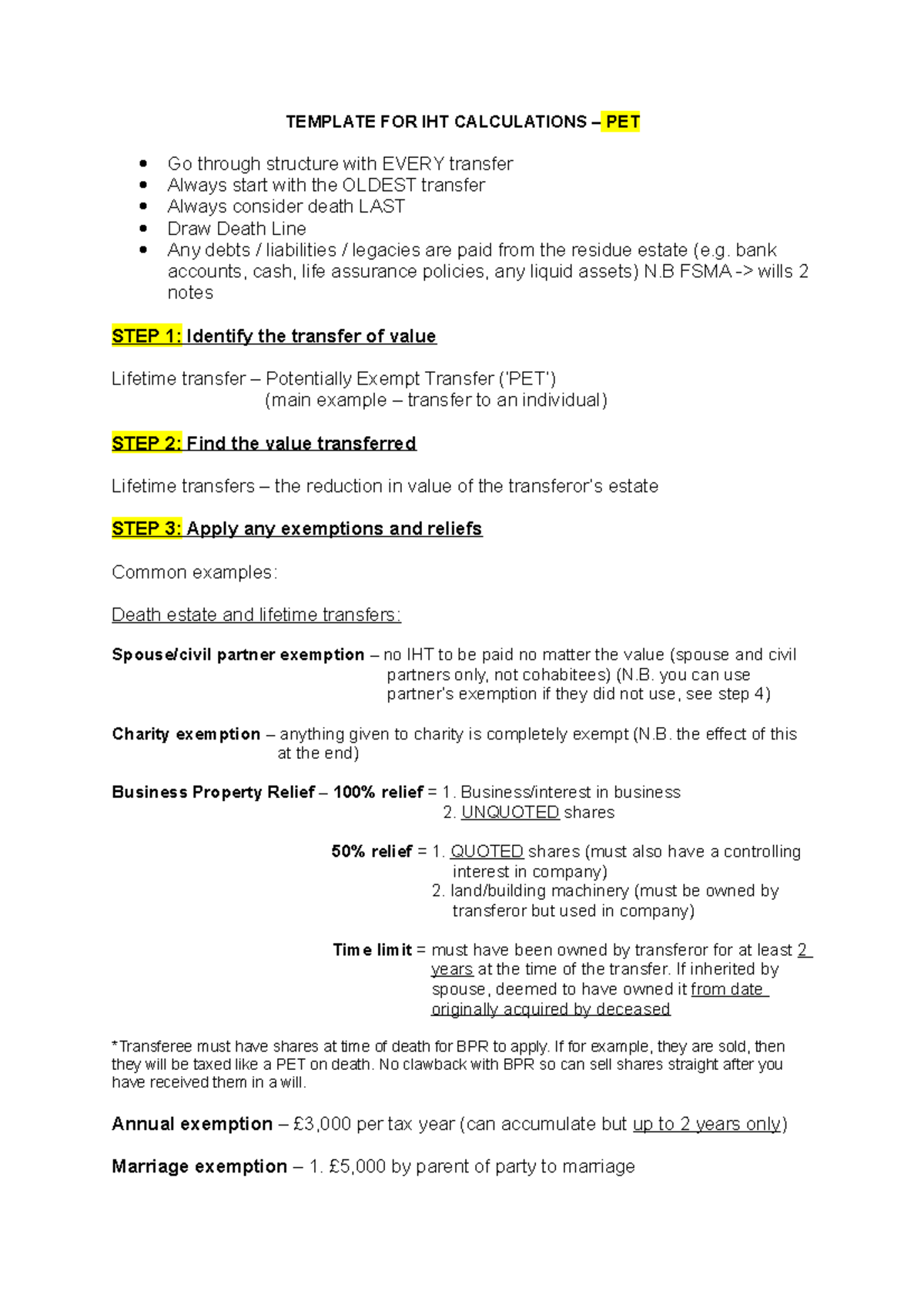 IHT Calculations Template for Potentially Exempt Transfers (PET) - Studocu