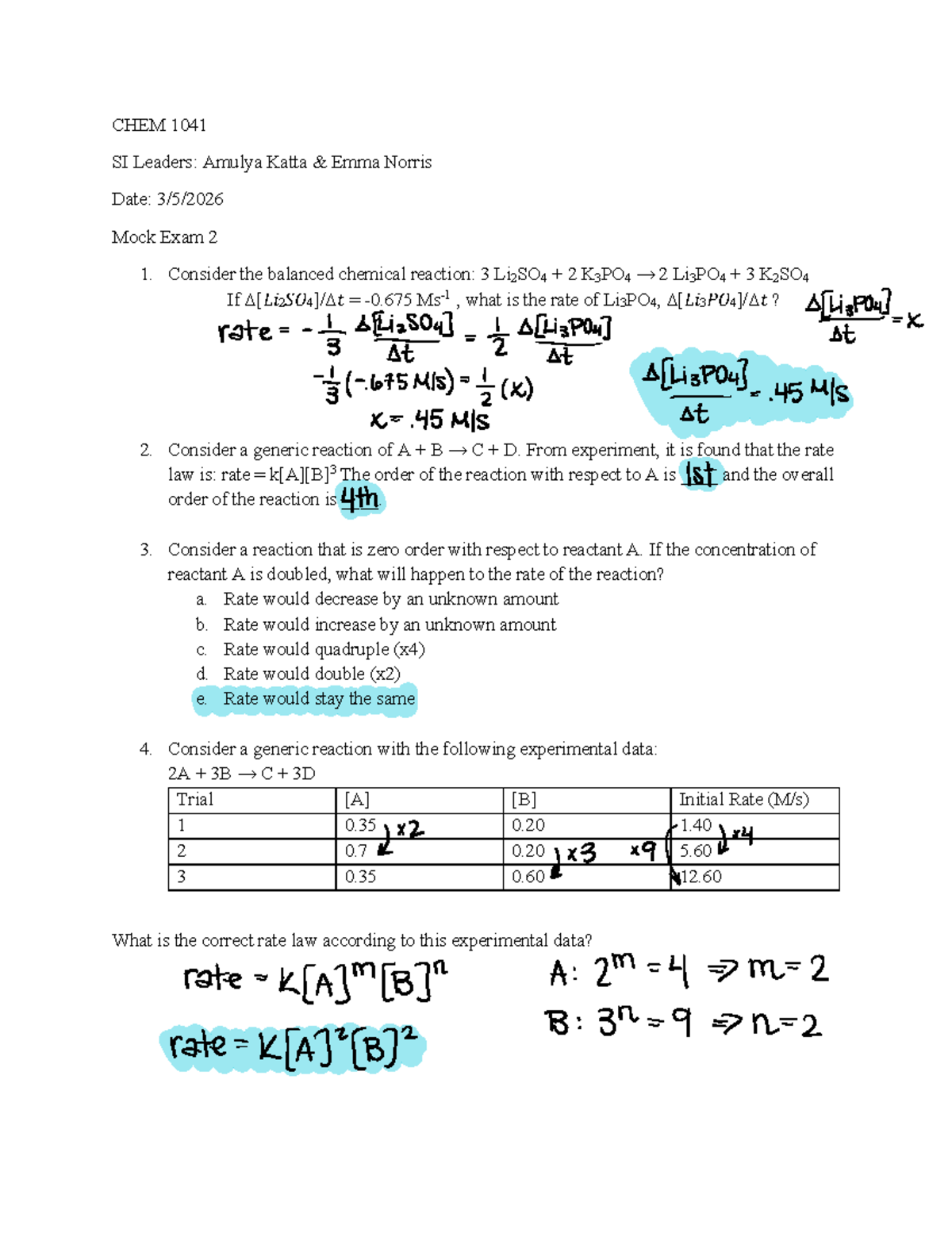 CHEM 1041 Mock Exam 2 Answers and Key for General Chemistry 2 - Studocu