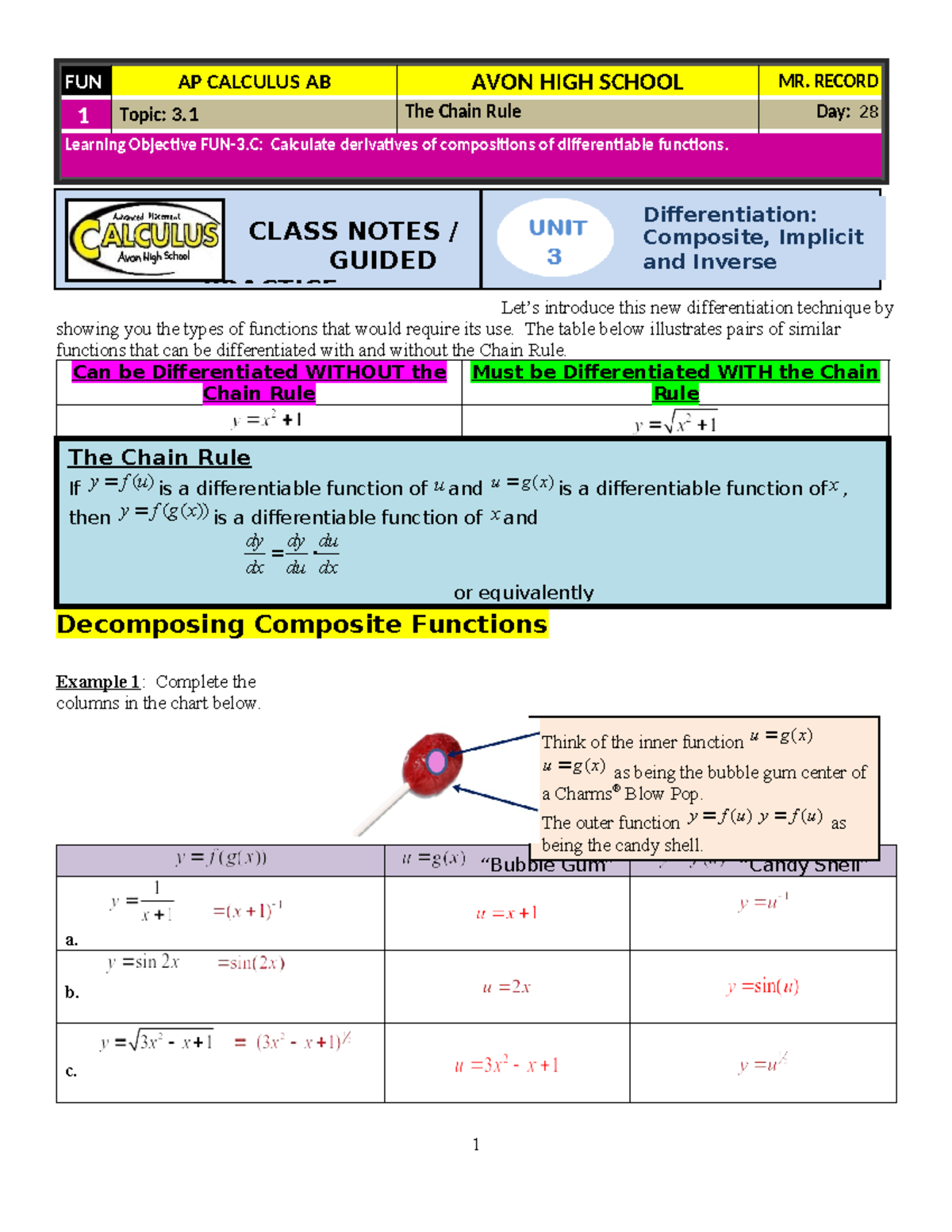 FUN 1 AP CALCULUS AB Unit 3 Notes: Differentiation Techniques - Studocu