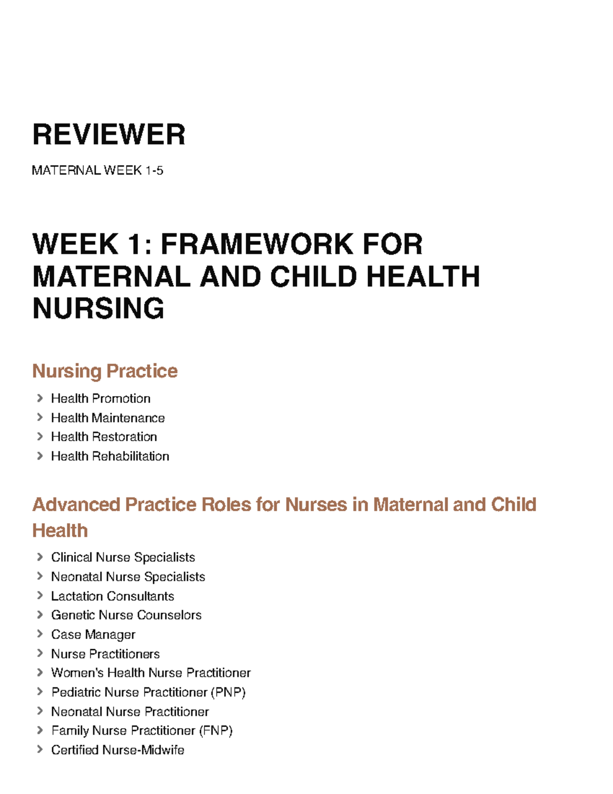 Maternal and Child Health Nursing Review: Week 1 Framework - Studocu